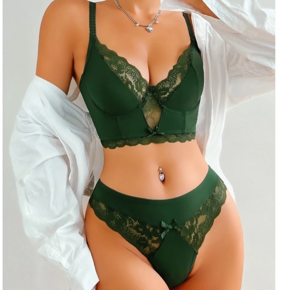Bellanblue Other - Sexy Green Floral Lace Thong Lingerie Set